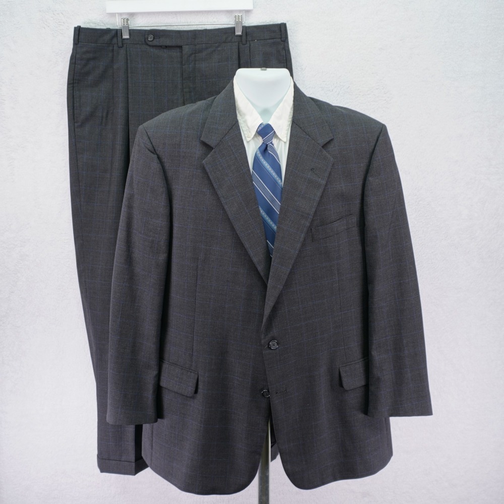 Tom James Executive Wool Gray Plaid Blue Windowpane 2 Piece Suit 44L 41 / 32 Ple